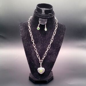 Elegant Silver Heart Necklace and Earring Set with Green Accents